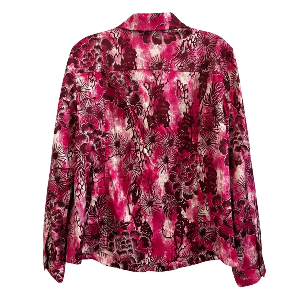 Chico's Pink Floral Button Front Jacket Size 2 Large Cotton Blend Long Sleeve - Picture 2 of 7